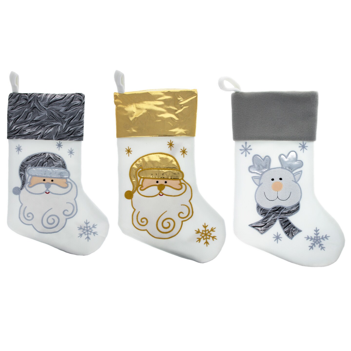 Set of 3 Gold and Silver, on White Felt Santa, Reindeer Christmas Stockings 15 Inches