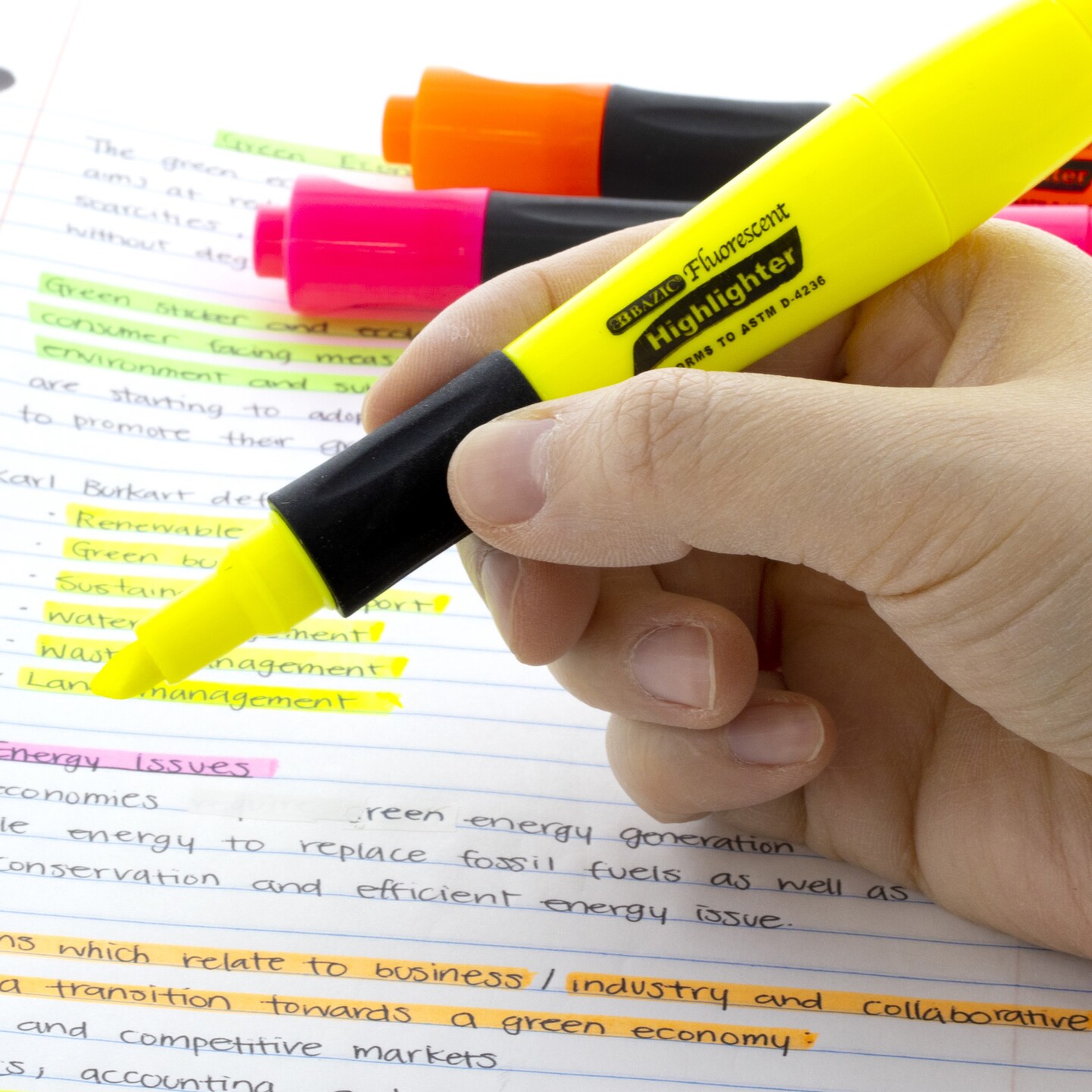 BAZIC Desk Style Fluorescent Highlighters w/ Cushion Grip (3/Pack) Yellow