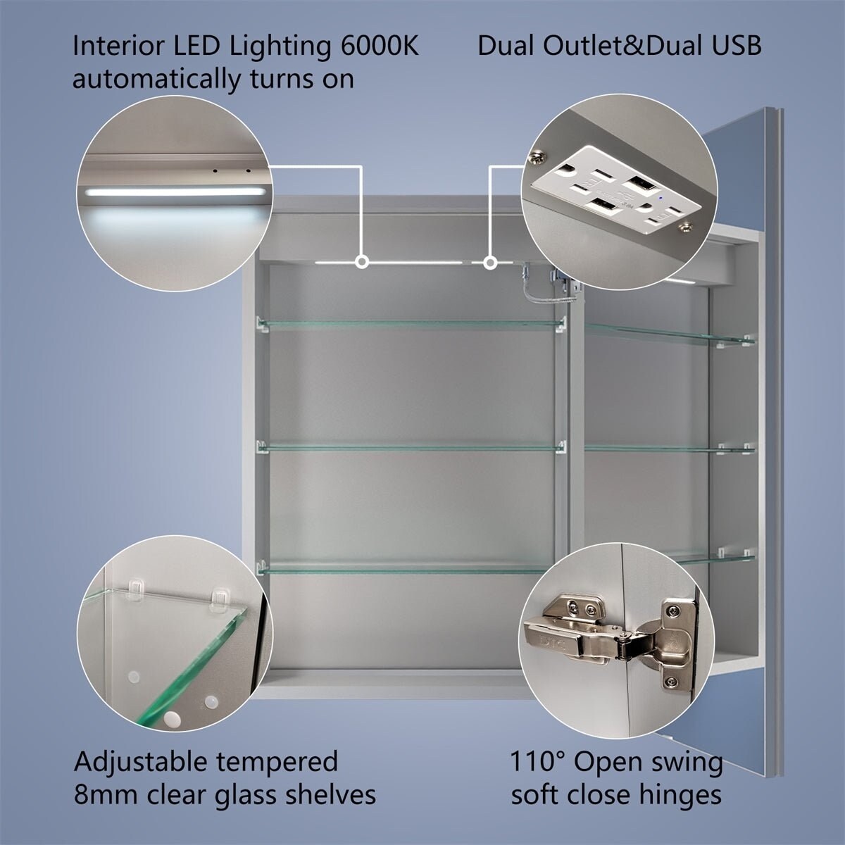 Rim 20X30 Lighted Medicine Cabinet Recessed Mirror Led With Outlets Usbs Waterproof