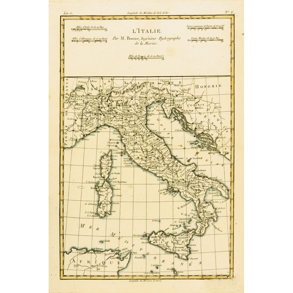 Map Of Italy Circa.1760. From _Atlas De Toutes Les Parties Connues Du Globe Terrestre By Cartographer Rigobert Bonne.