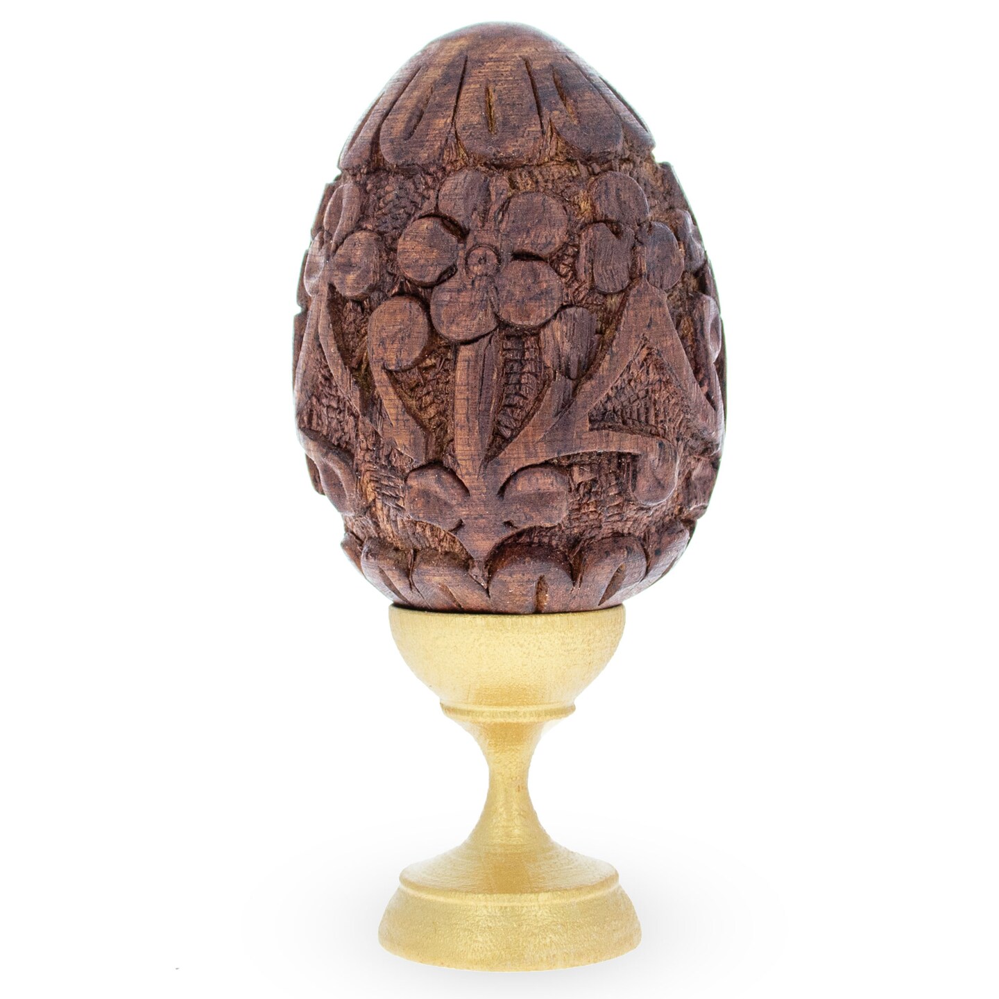 Hand Carved Sheesham Wood Easter Egg with Flowers on a Stand