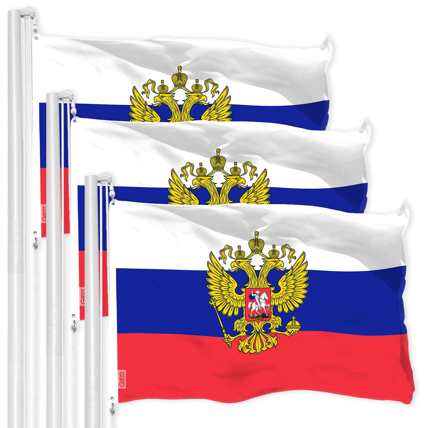 G128 3 Pack: Russia Russian Ensign Flag | 3x5 Ft | LiteWeave Pro Series Printed 150D Polyester | Country Flag, Vibrant Colors, Brass Grommets, Thicker and More Durable Than 100D 75D Polyester