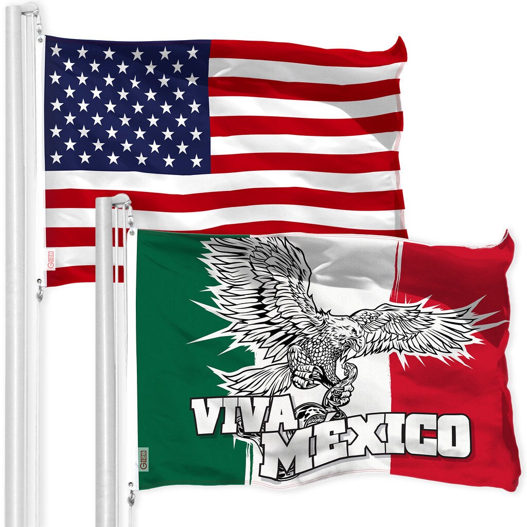 G128 Combo Pack: American USA Flag 3x5 Ft & Mexico Viva Mexico Flag 3x5 Ft, Both Printed 150D Polyester, Indoor/Outdoor, Brass Grommets