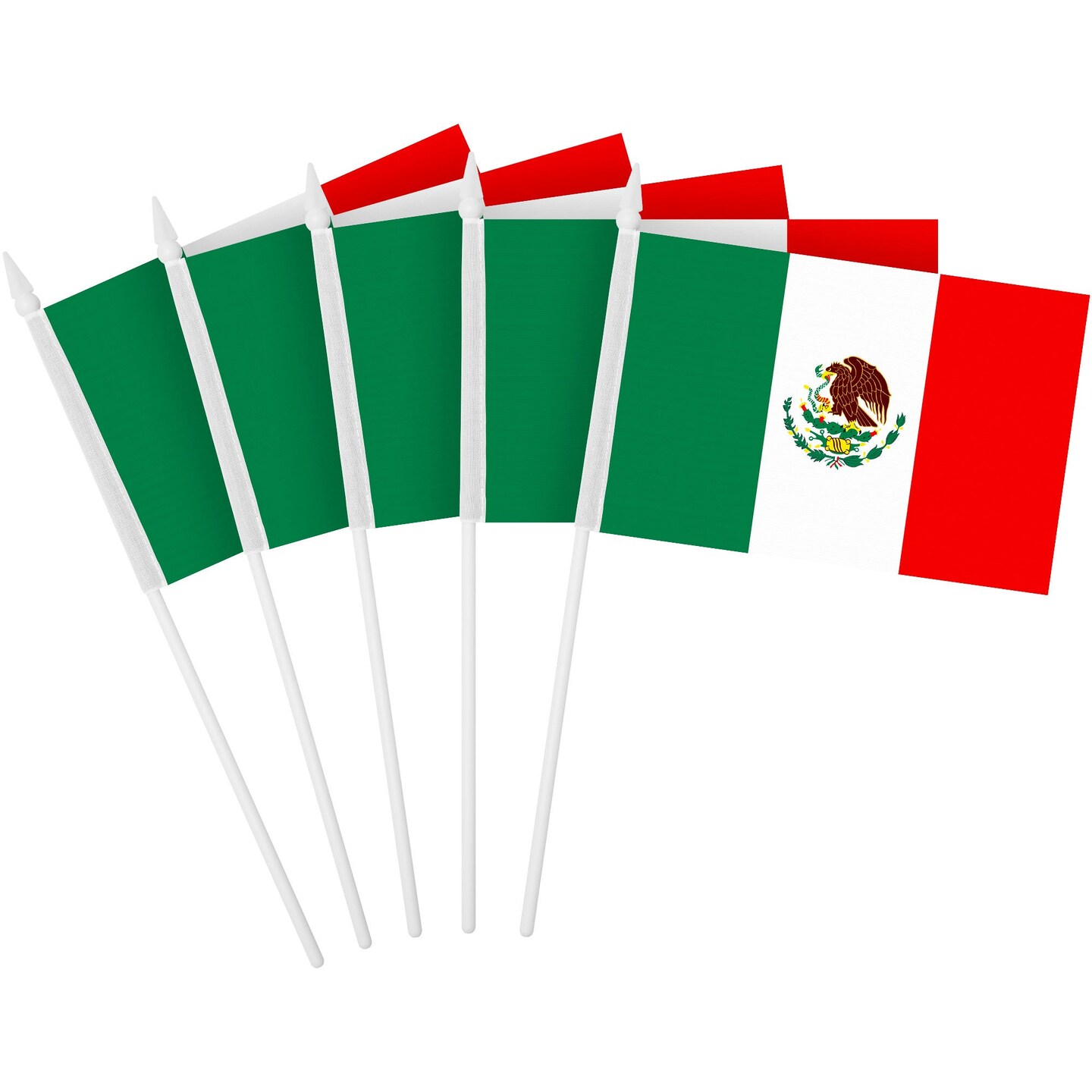 G128 30 Pack Handheld Mexico Mexican Stick Flags | 4x6 In | Printed 150D Polyester, Country Flag, Solid Plastic Stick, Spear White Tip