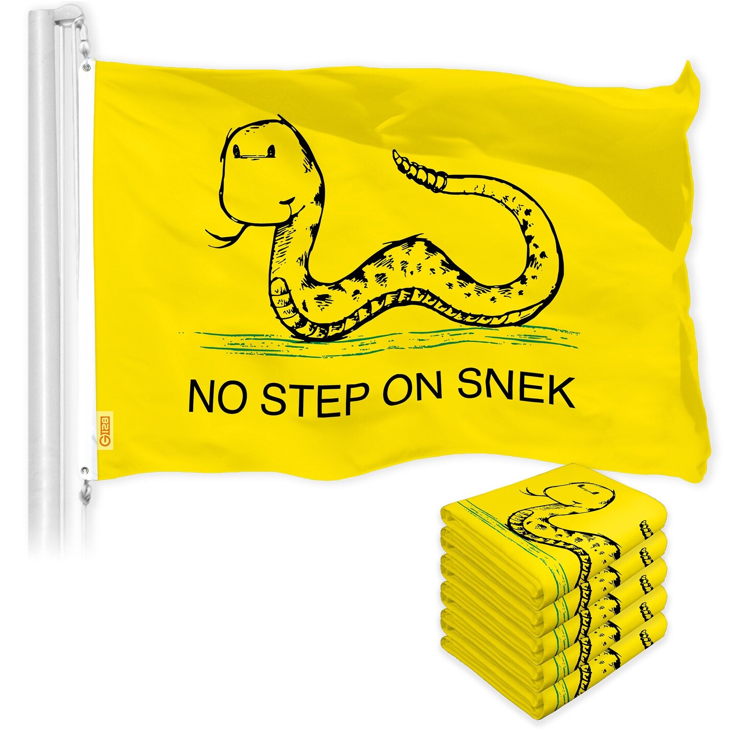 G128 5 Pack: No Step on Snek Cute Cartoon Flag | 3x5 Ft | LiteWeave Pro Series Printed 150D Polyester | Novelty Flag, Vibrant Colors, Brass Grommets, Thicker and More Durable Than 100D 75D Polyester
