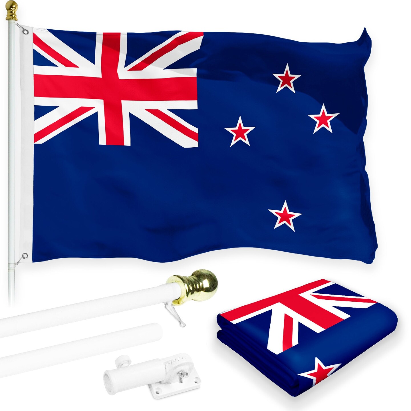 G128 Combo Pack: 6 Feet Tangle Free Spinning Flagpole (White) New Zealand New Zealander Flag 3x5 ft Printed 150D Brass Grommets (Flag Included) Aluminum Flag Pole