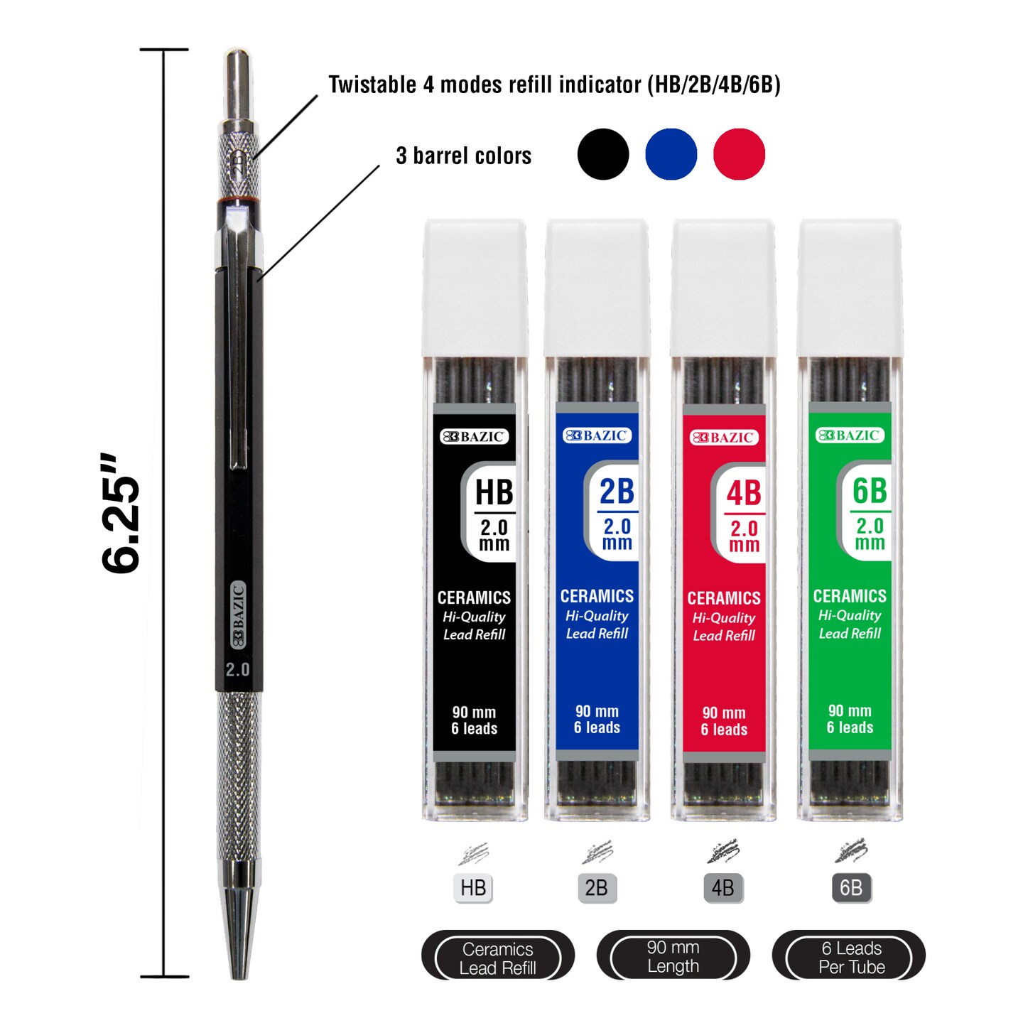 BAZIC 2.0 mm Drawing &#x26; Sketching Mechanical Pencil w/ HB 2B 4B 6B Ceramic Lead