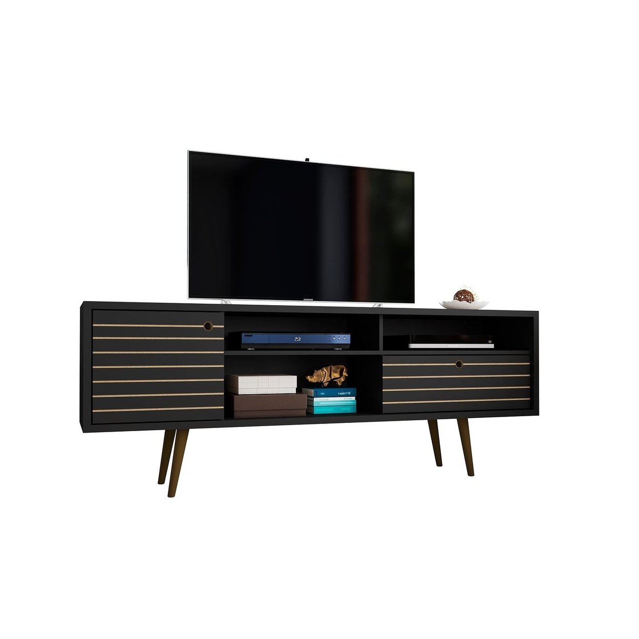 Manhattan Comfort Liberty 70.86&#x22; Mid-Century Modern TV Stand with 4 Shelving Spaces and 1 Drawer with Solid Wood Legs