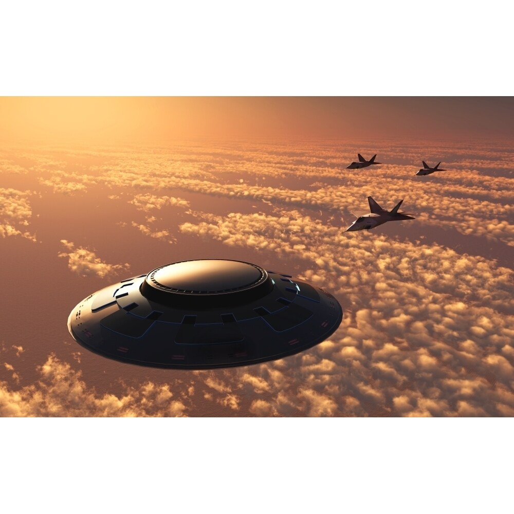 American F-22 Stealth Raptor Aircraft Chasing A Much Larger Ufo Poster Print