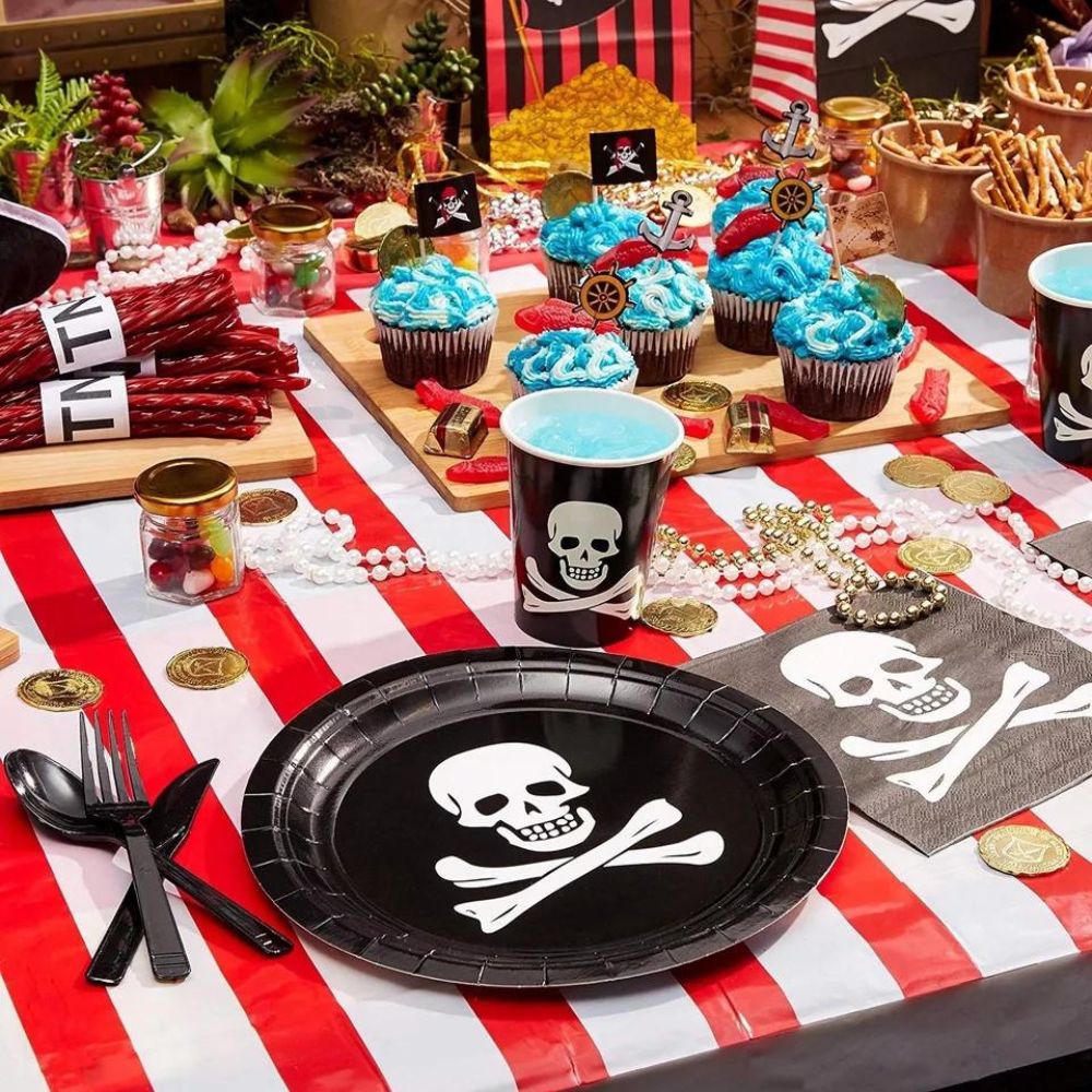 144 Pcs Pirate Party Supplies with Plates, Napkins, Cups and Cutlery, Serves 24