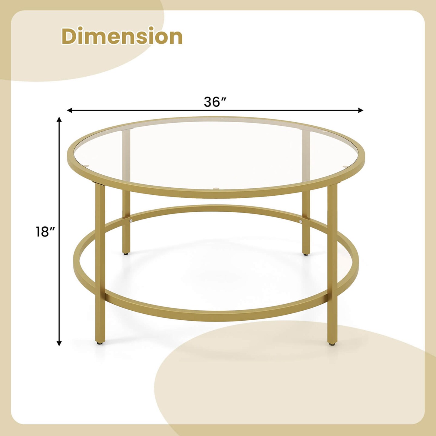 Costway 36'' Round Coffee Table Tempered Glass Tabletop Metal Frame Living Room Black/Golden
