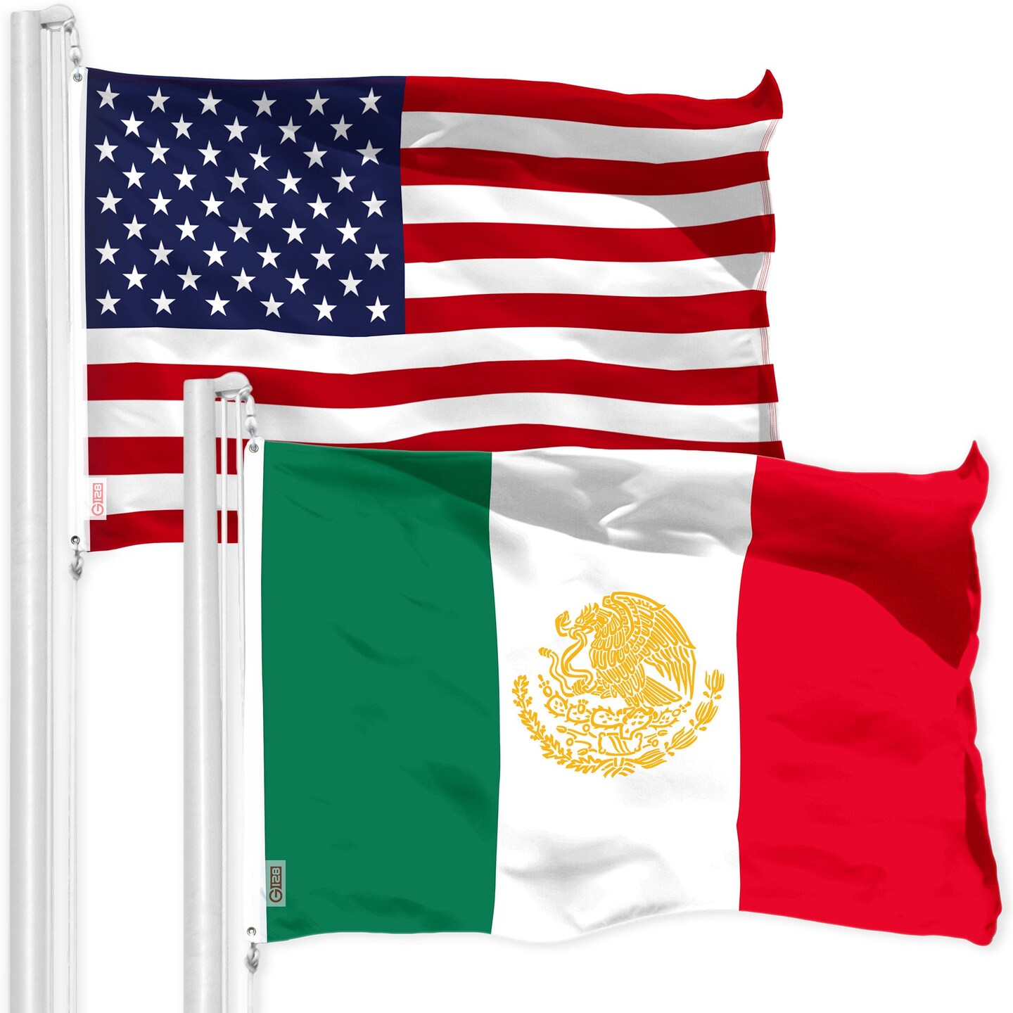 G128 Combo Pack: American USA Flag 3x5 Ft &#x26; Mexico Mexican Golden Coat of Arms Flag 3x5 Ft | Both LiteWeave Pro Series Printed 150D Polyester, Brass Grommets