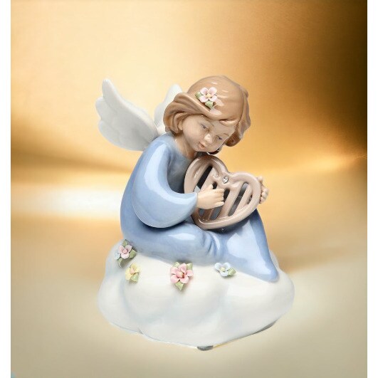 kevinsgiftshoppe Ceramic Angel Playing Harp on Cloud Music Box Home Decor Religious Decor Religious Gift Church Decor