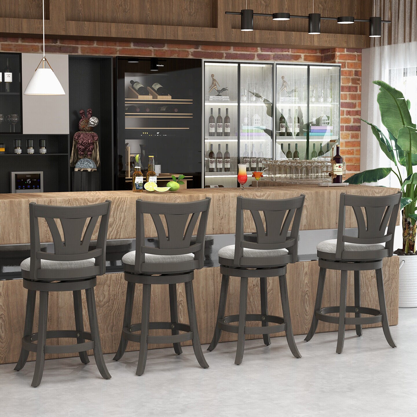 Swivel Bar Stool With Backrest Soft Cushioned Seat And Footrest