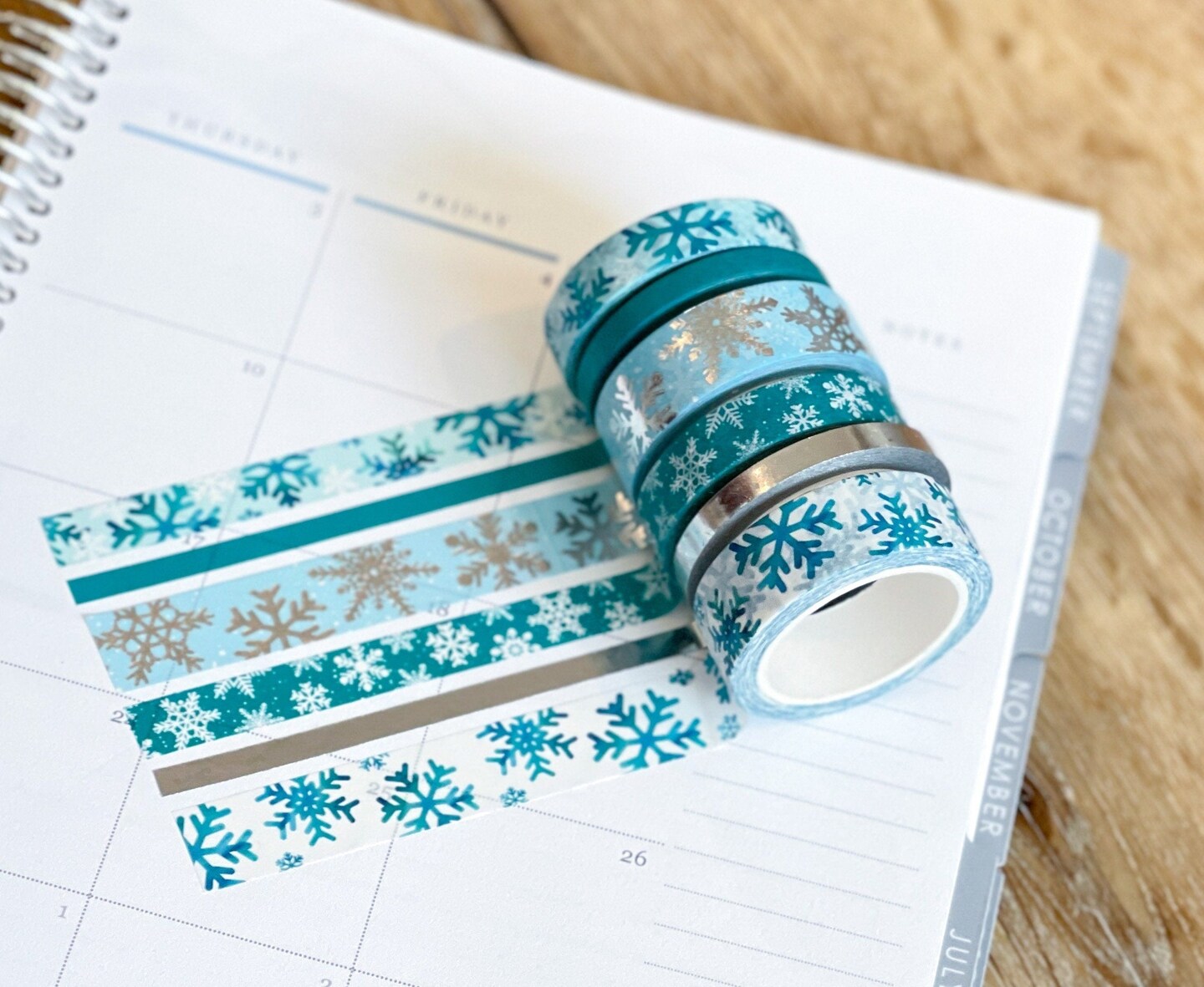 FOILED Teal & Silver Snowflakes Snowy Winter Washi Tape Set (#W005)
