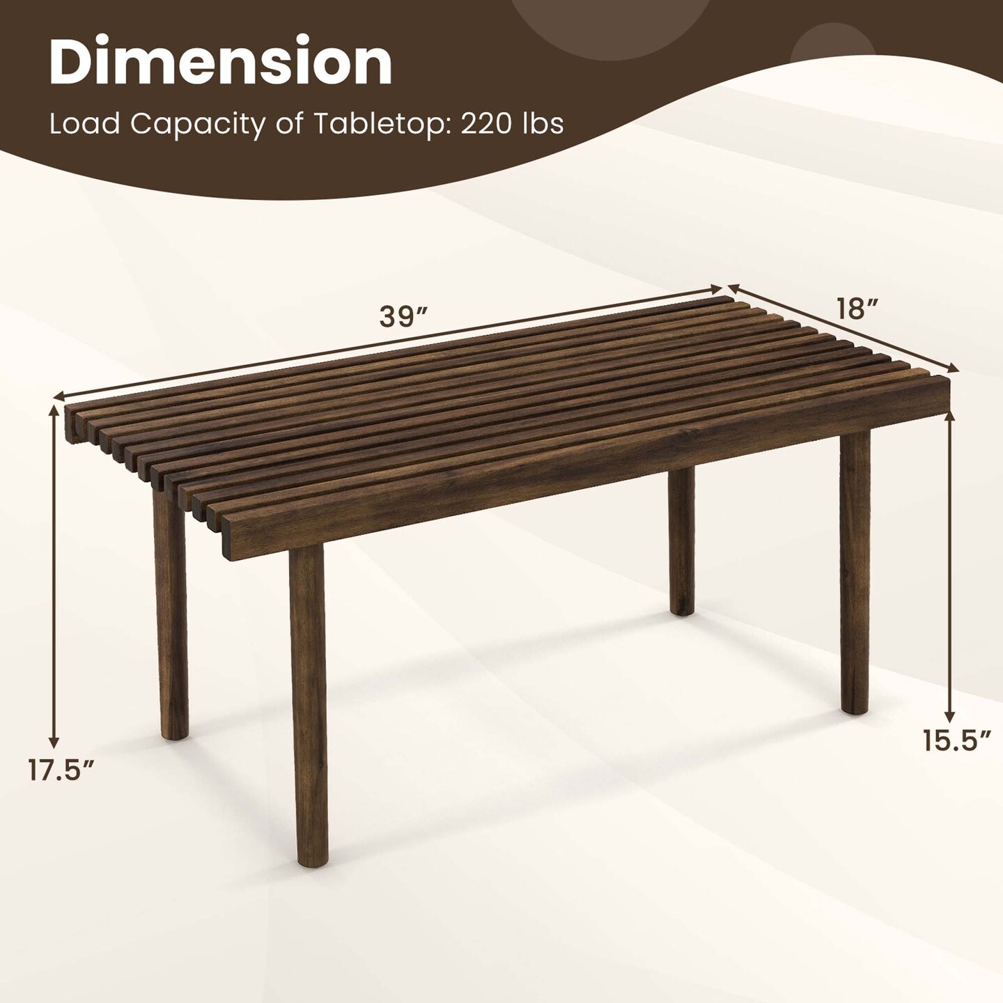 Costway 39" Coffee Table Rubber Wood Rectangle Cocktail Tea Table Slatted Tabletop Brown