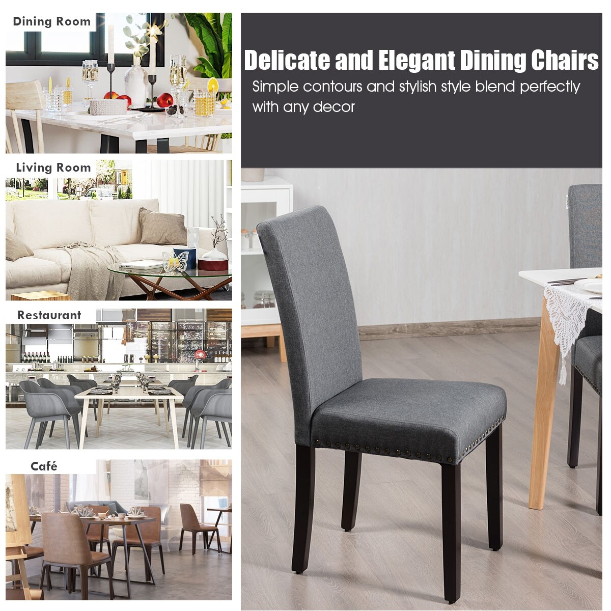Set of 2 Fabric Upholstered Dining Chairs with Nailhead