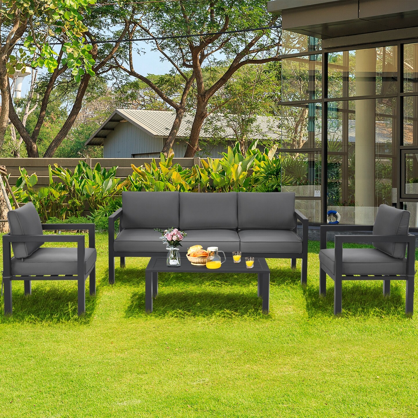 4-Piece Outdoor Patio Set Black Aluminum 3-Seat Sofa 2 Chairs Table