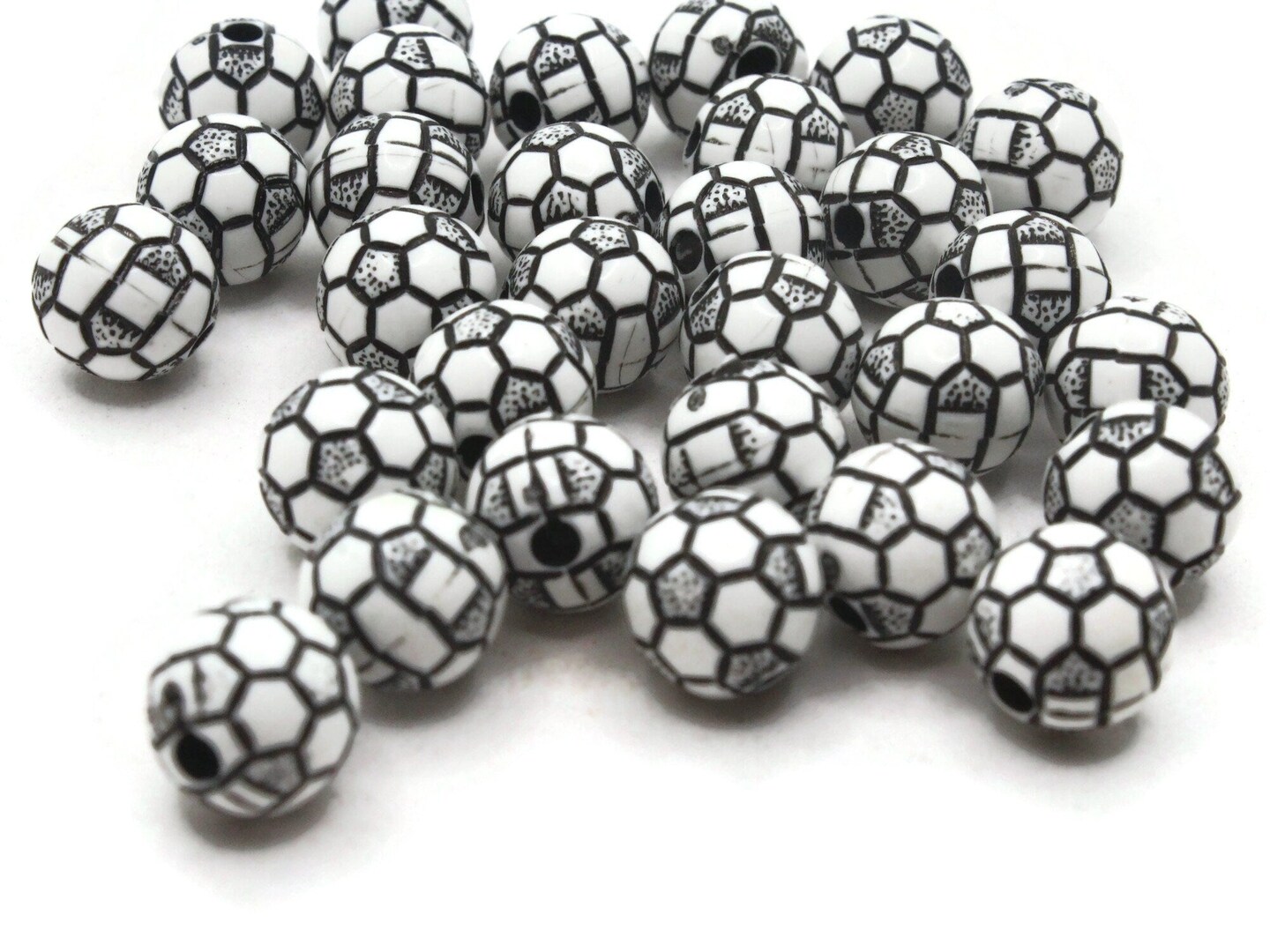 30 10mm Black and White Soccer Ball Round Plastic Sports Beads