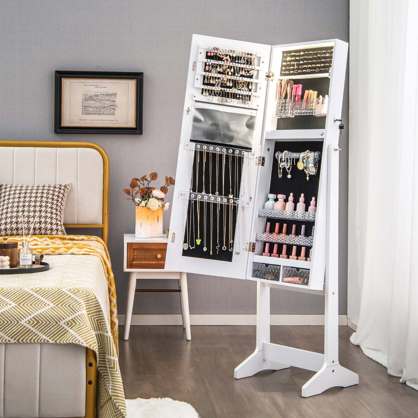 Costway LED Mirror Jewelry Cabinet Organizer Armoire Standing with Built-in 3 Color Light