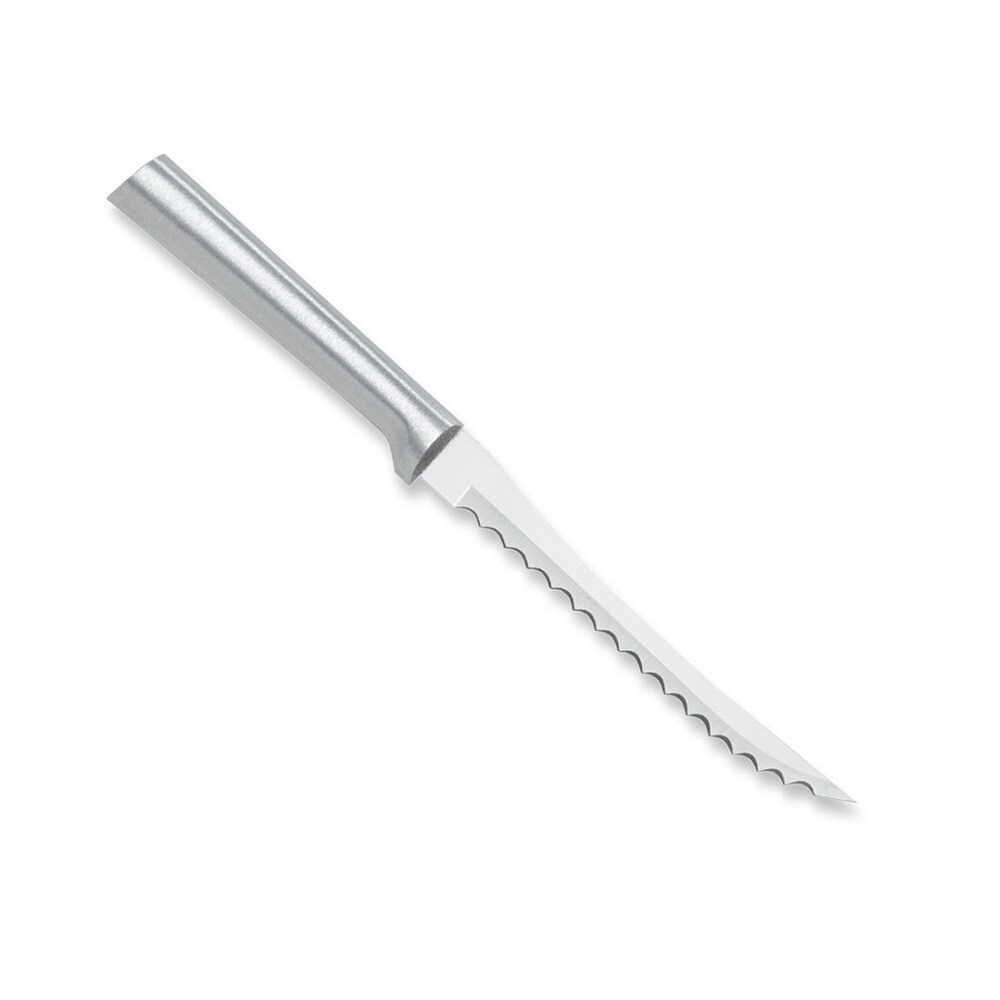 Rada Serrated Cheese Knife, Stainless Steel, Hand-Sharpened, 5.25 inch  Forked Tip, Cutout Blade Knives, Aluminum Handle 