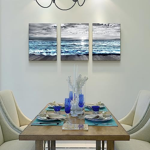 3 Piece Wall Decorations For Living Room Framed Canvas Wall Art For Bedroom Office Wall Decor Black And White Wall Painting Blue Ocean Sea Wave Pictures Artwork For Modern Beach Posters Home Decor