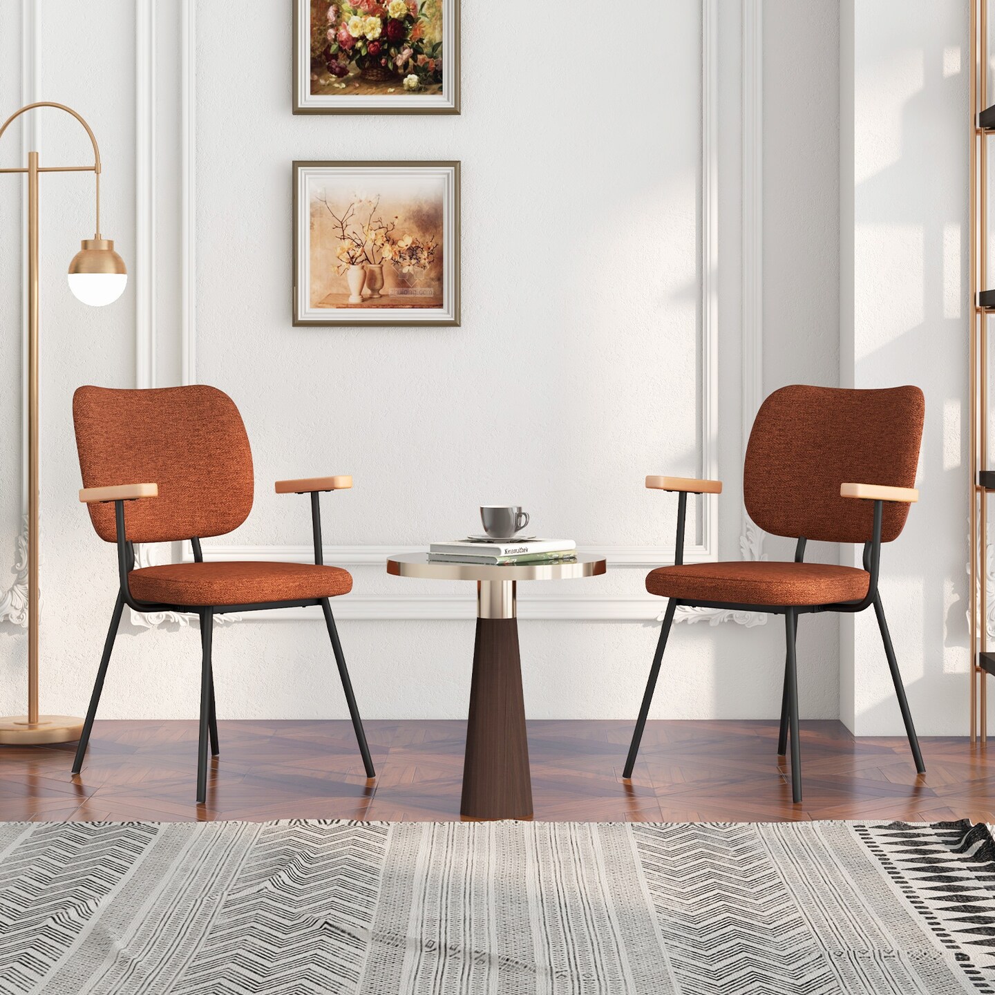 Set of 2 Modern Fabric Dining Chairs with Armrest and Curved Backrest