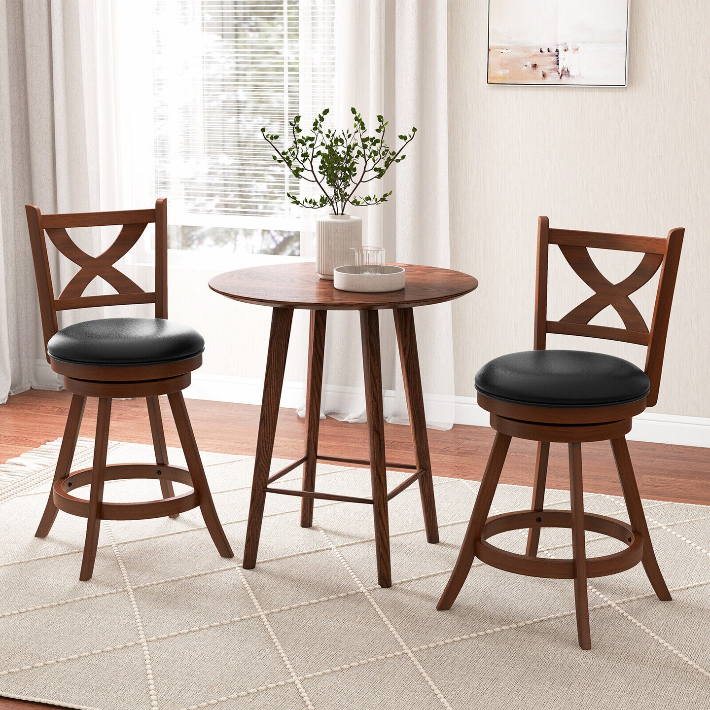 2 Pieces Classic Swivel Bar Stool Set with X-shaped Open Back