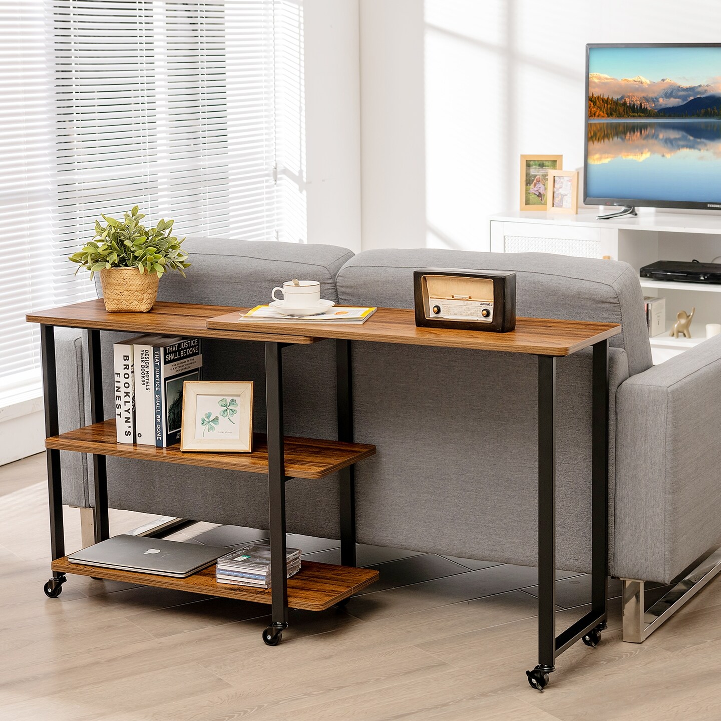 Rotating Sofa Side Table with Wheels Sliding Laptop Desk with Storage Shelves for Small Spaces
