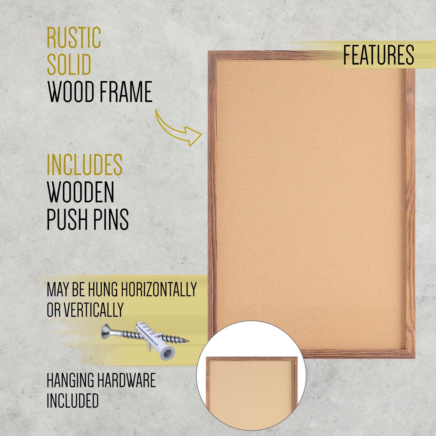 HBCY Creations Wall Mount Cork Board - Wooden Push Pins - Solid Pine Wood Frame - For Kitchen, Classrooms, Restaurant Menus and More!