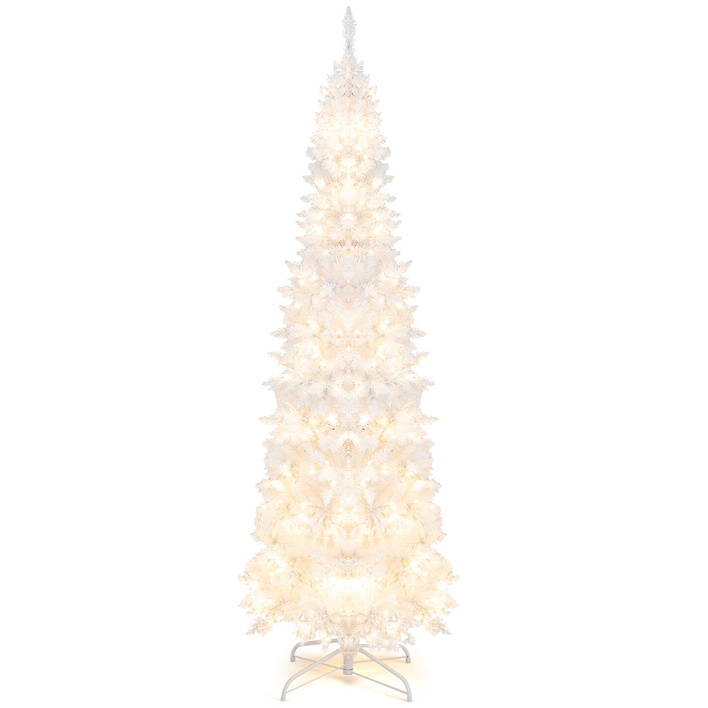 Costway 7 FT Pre-Lit Hinged Pencil Christmas Tree White with 300 LED Lights & 8 Flash Modes