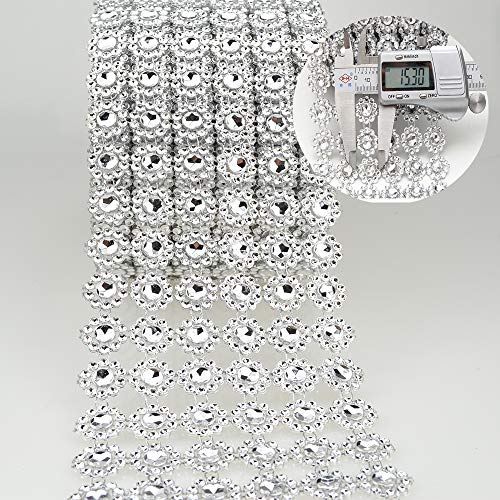 30Ft , 6 Rows Bling Rhinestone Diamond Flower Shape Mesh Ribbon Wrap,Storystore Silver Acrylic Bling Diamond Wrap Ribbon for Wedding, Cake, Vase Decorations, Party Supplies(1 Roll)(Silver Flower Shape)