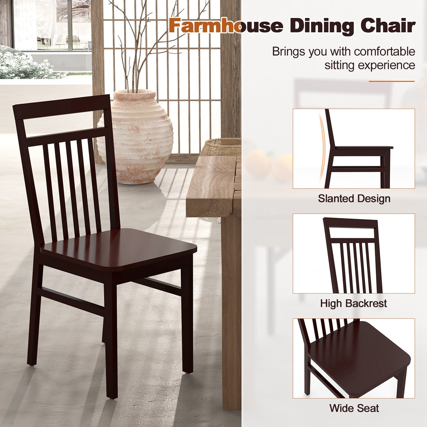 Costway Farmhouse Dining Chair Set of 2/4 Armless Wooden Chair with Slanted High Backrest