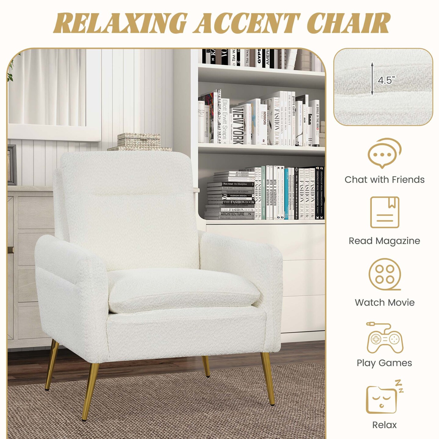Costway Modern Accent Chair Upholstered  Armchair w/ Tapered Metal Legs White