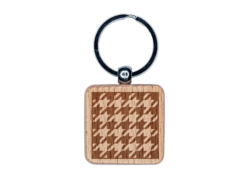 Houndstooth Pattern Block Engraved Wood Square Keychain Tag Charm