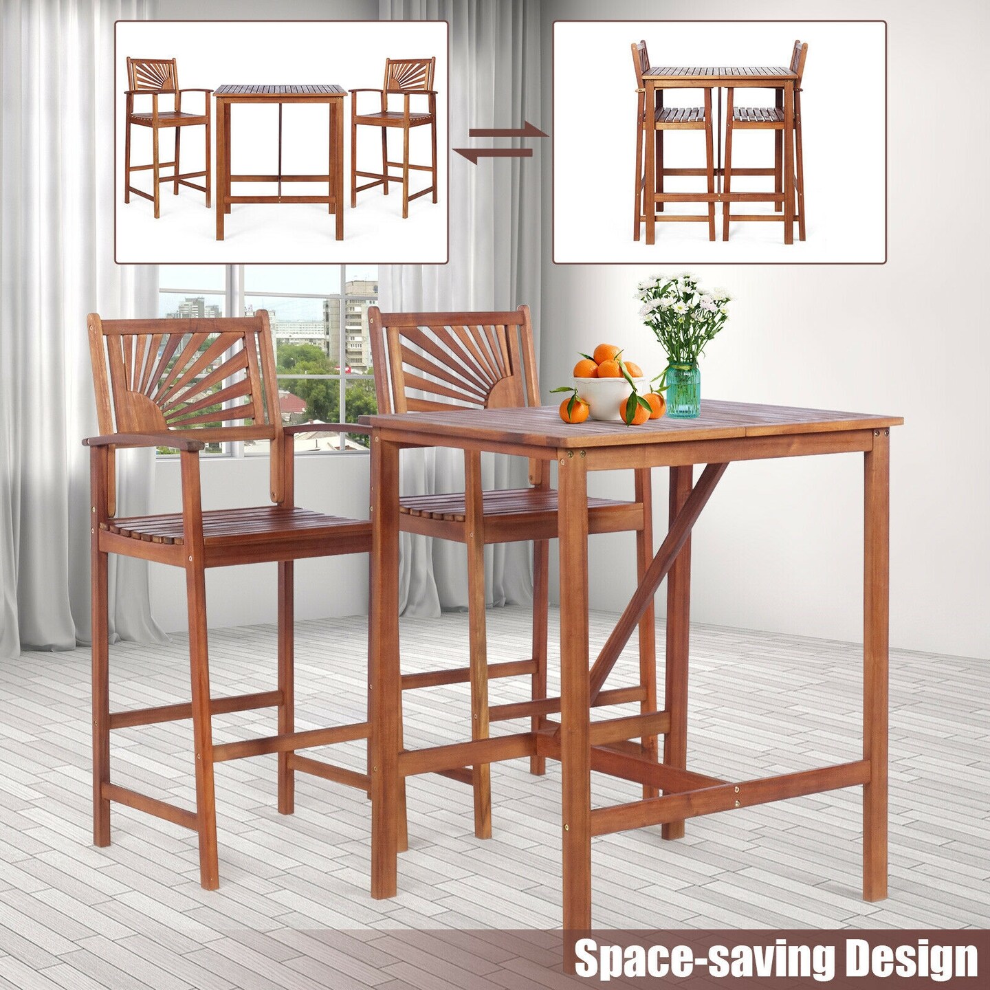 Natural Acacia Wood Patio Bar Set 3-Piece 2 Stools 1 Table Outdoor Indoor