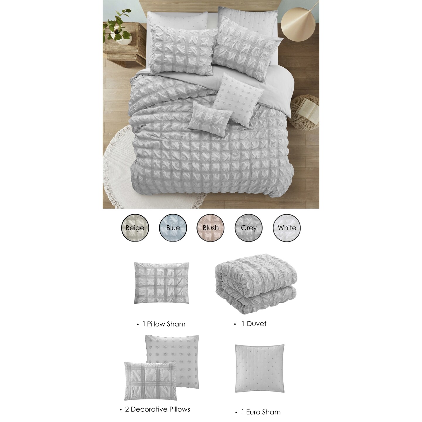 Emsley Duvet Set With Pillow Sham, Euro Sham, Decorative Pillows and Duvet Cover