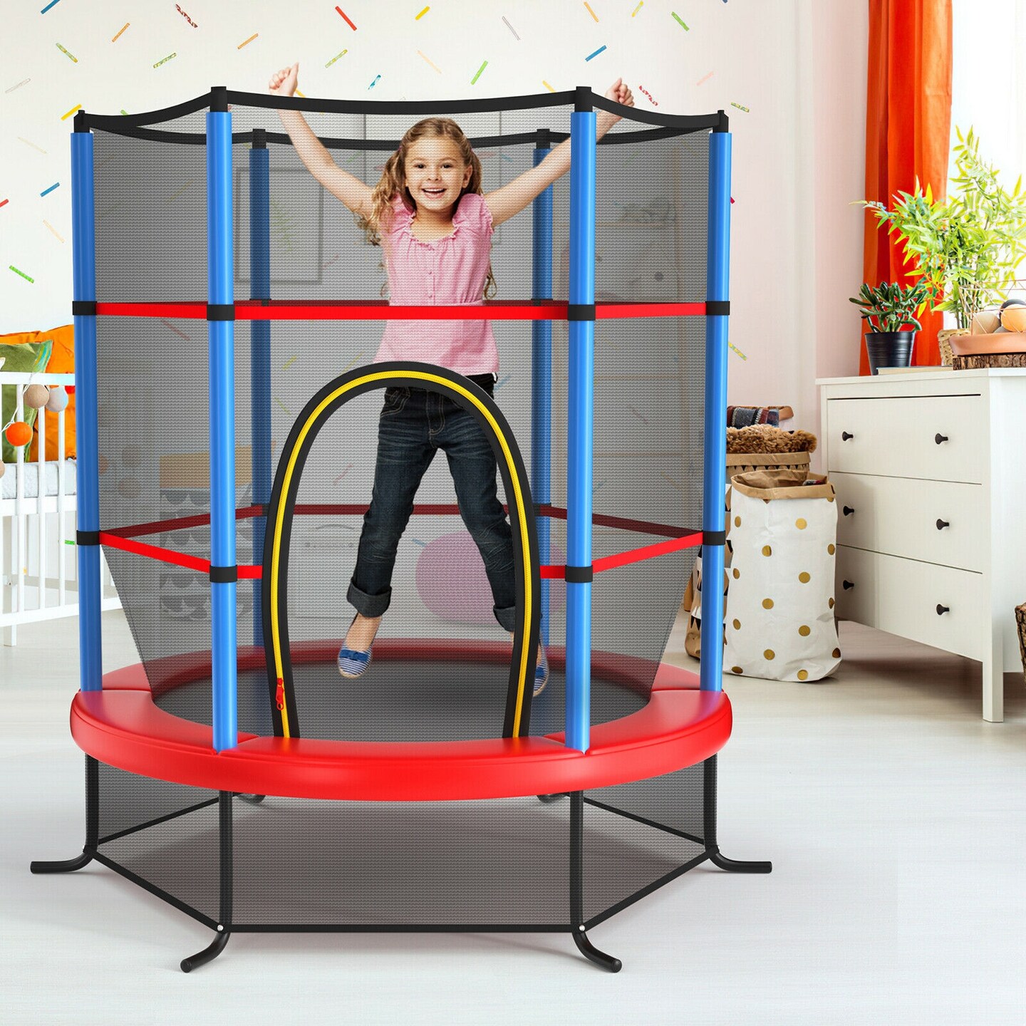 65 Inch Kids Recreational Trampoline Bouncing Jumping Mat with Enclosure Net