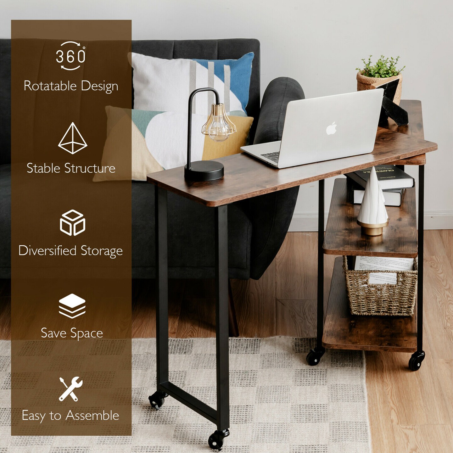 Costway Patented Sofa Side End Table 360&#xB0; Rotating Bookcase w/Storage Shelves &#x26; Wheels Brown/Rustic Brown/Natural