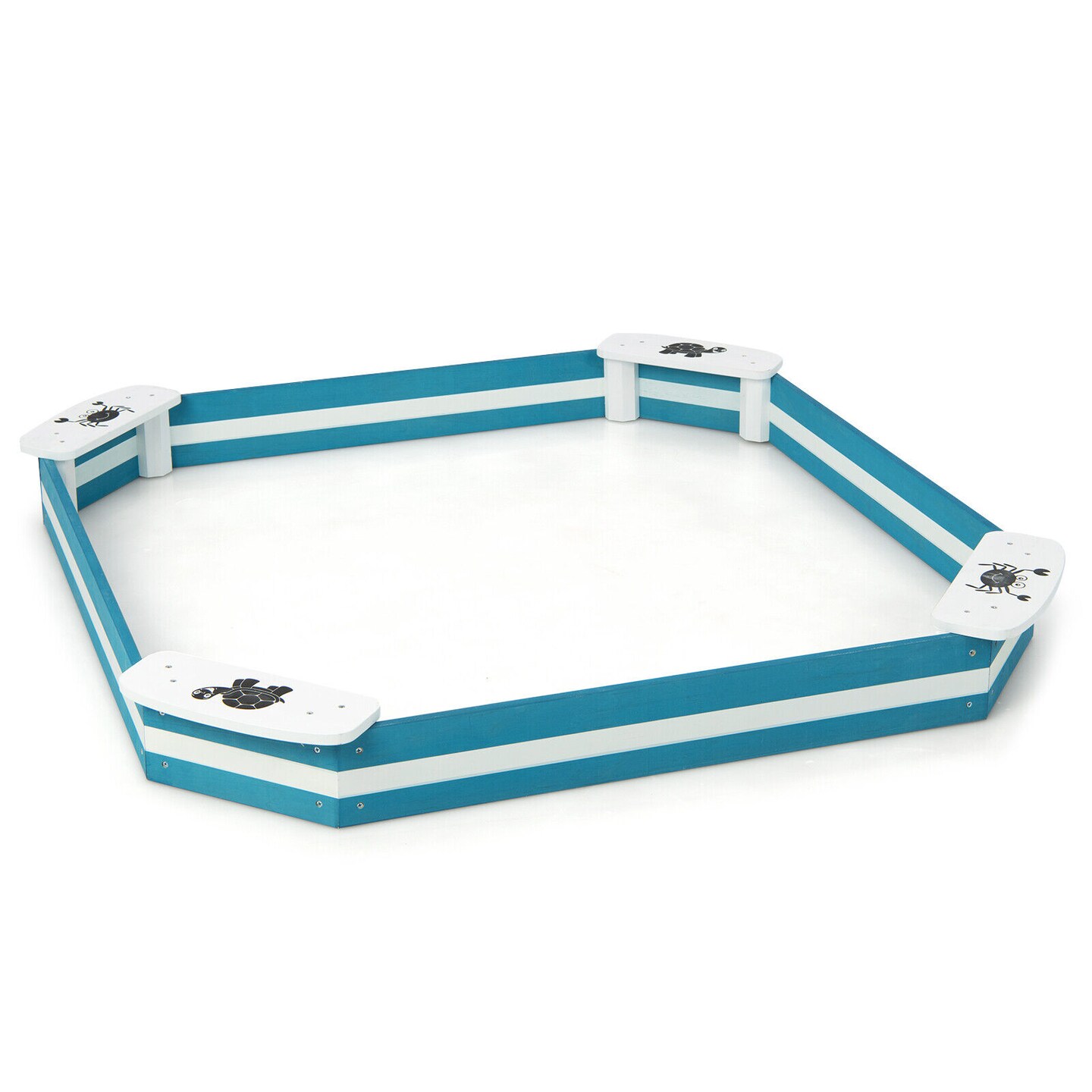 Wooden Kids Sandbox with 4 Built In Seats Cedar Wood Blue White