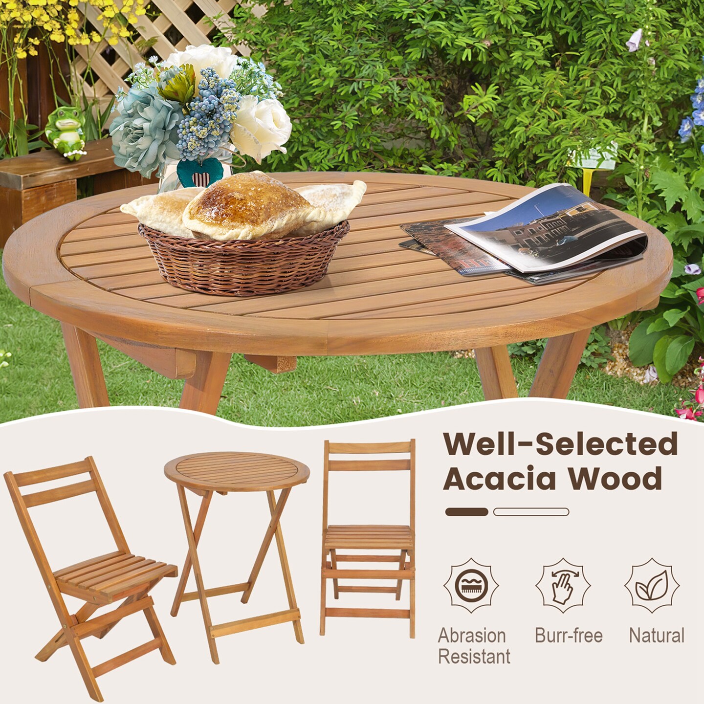 Costway 3 PCS Folding Patio Bistro Set Solid Acacia Wood Table &#x26; Chairs Slatted Tabletop