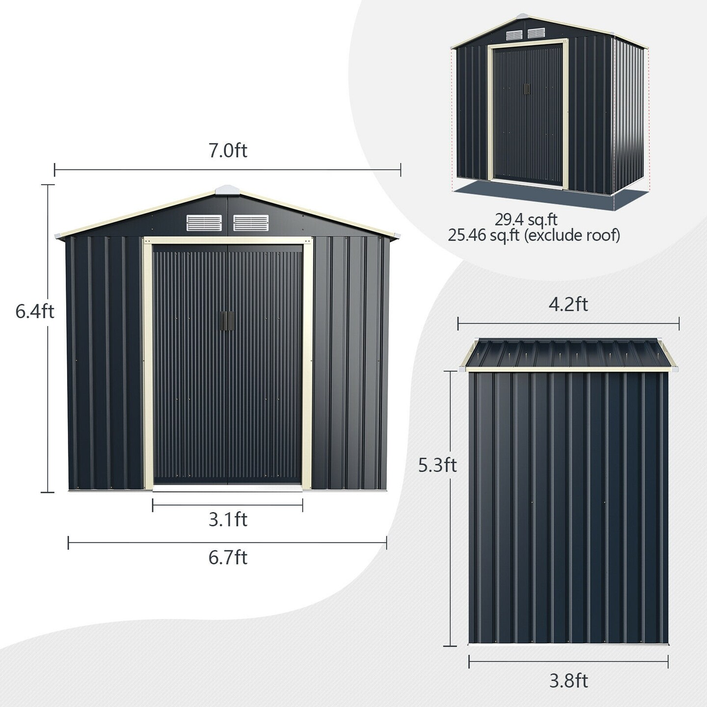 7 Feet X 4 Feet Metal Storage Shed with Sliding Double Lockable Doors