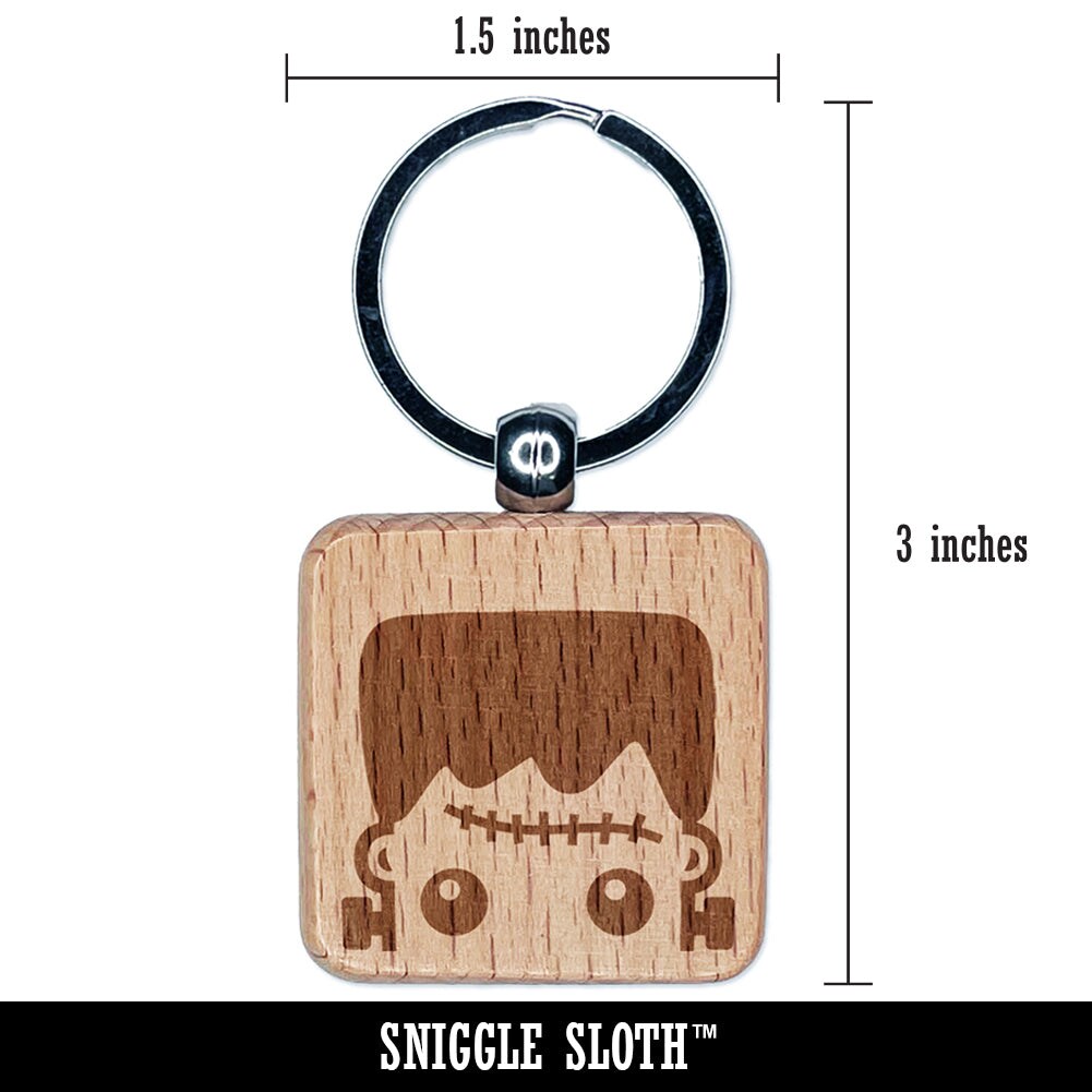 Peeking Frankenstein Halloween Engraved Wood Square Keychain Tag Charm