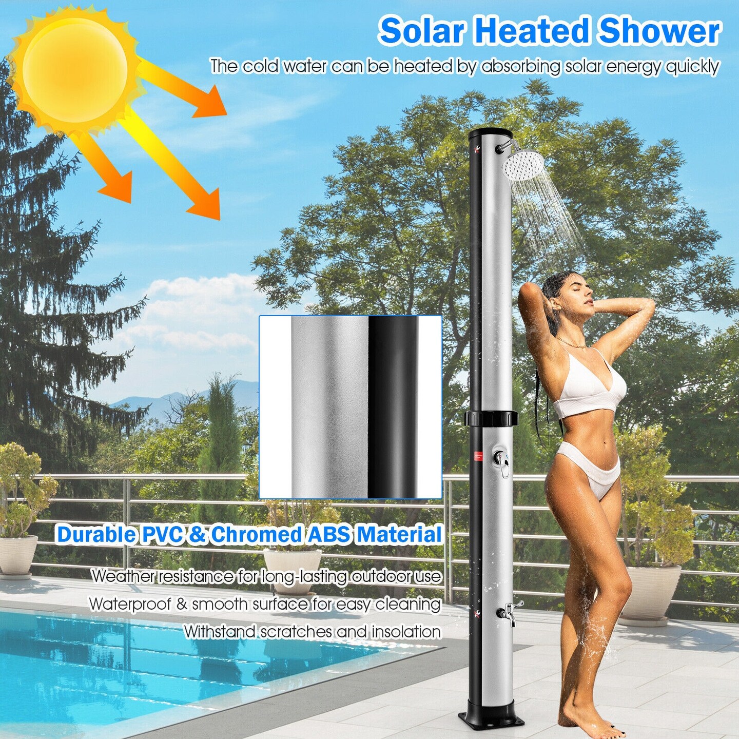 7.2 Feet Solar-Heated Outdoor Shower with Free-Rotating Shower Head