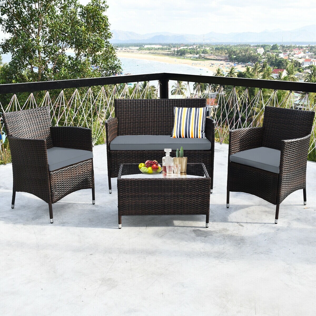 4 Pieces Comfortable Outdoor Rattan Sofa Set With Glass Coffee Table