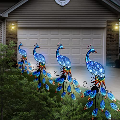 40"Glass Outdoor Decor Peacock Yard Art with Solar Garden Stake Lights, Glass Pathway Lights Lawn Ornaments for Patio, Backyard, Flowerbed, Pond, Outside Home Decorations