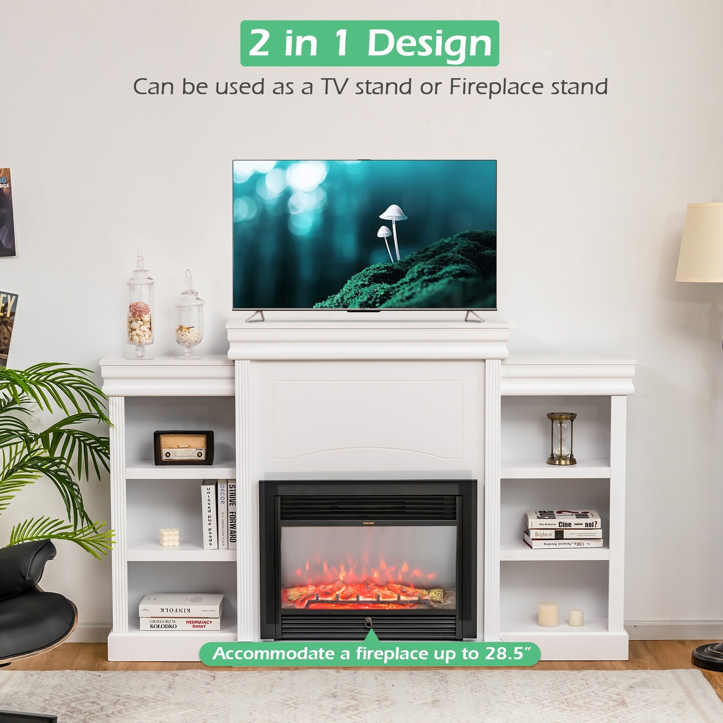 70 Inch Modern Fireplace Media Entertainment Center with Bookcase