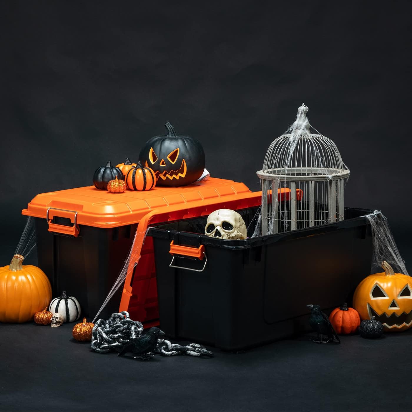 IRIS USA 2 Pack 70Qt/20gal WeatherPro™ Storage Utility Tote Container Box, Black/Orange