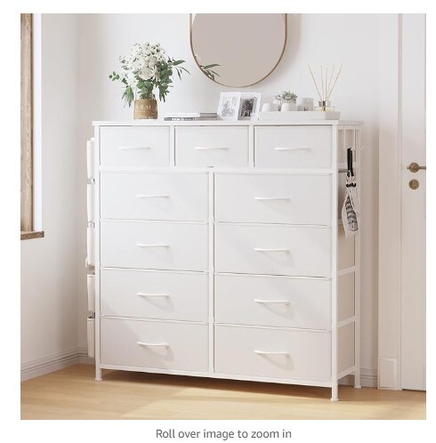 A bedroom dresser with eleven drawers, dressers and chests of drawers with side pockets, hooks, a fabric storage drawer, a steel frame, a wood top, an organizer unit, and a closet pull handle.