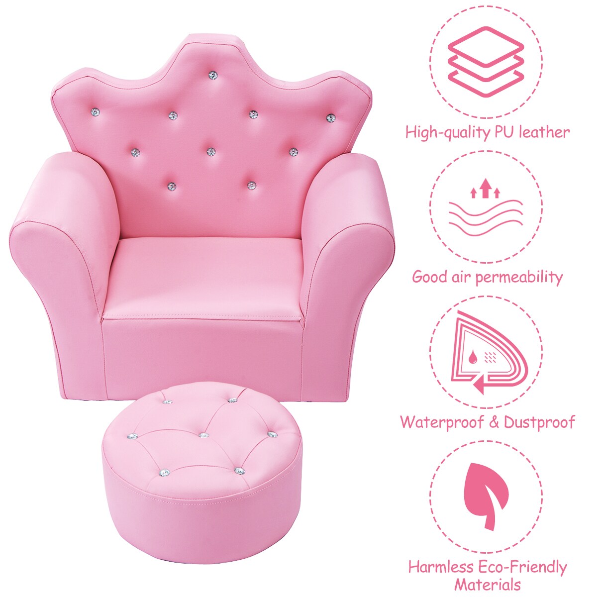 Costway Pink Kids Sofa Armrest Chair Couch Children Toddler Birthday Gift w/ Ottoman